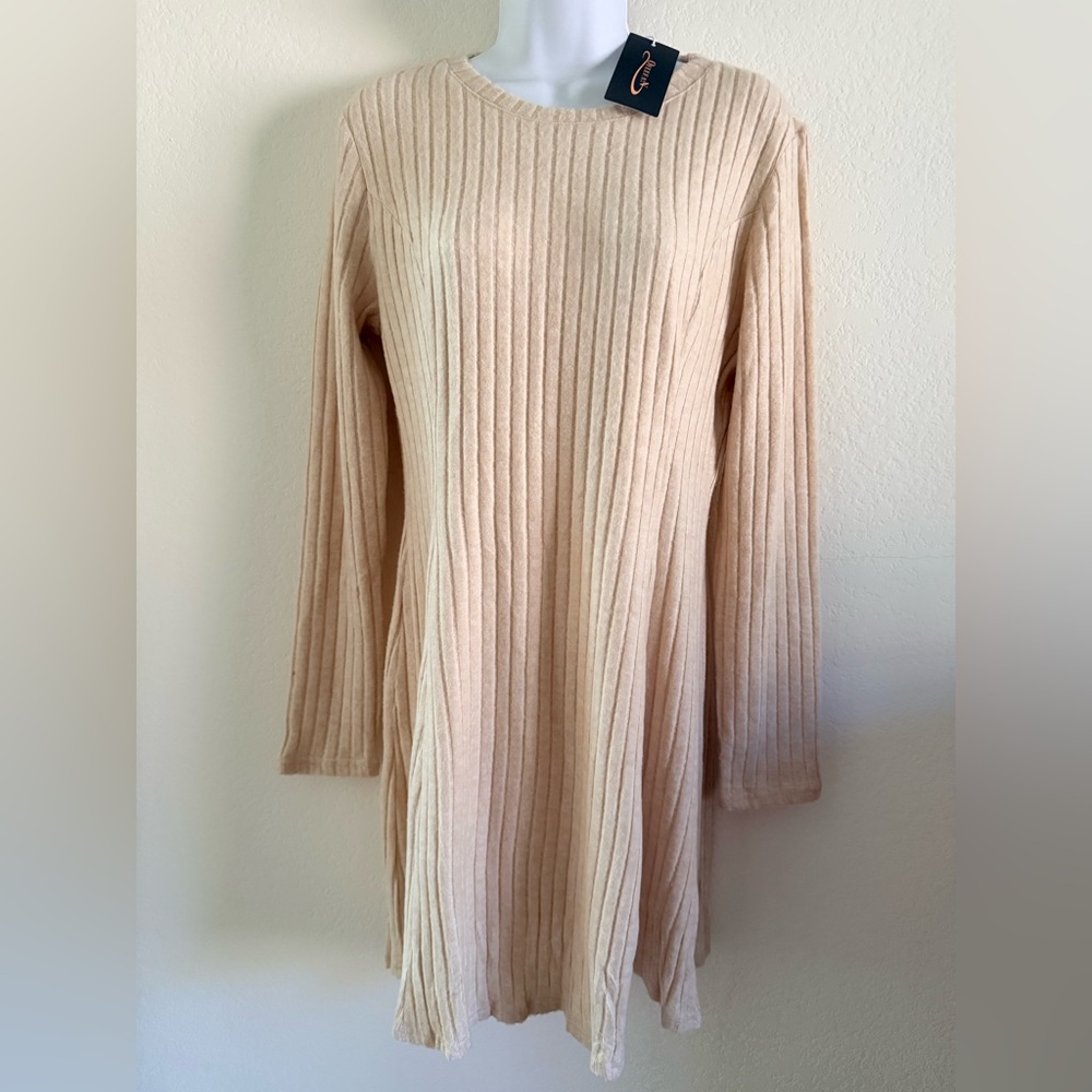Chic Beige Ribbed Knit Dress